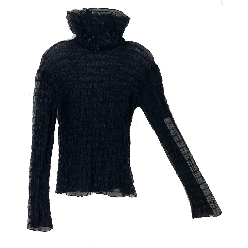 Nwot DAVID DALRYMPLE FOR FIELD Blouse M Black Ruched Mesh Turtleneck Long-Sleeve